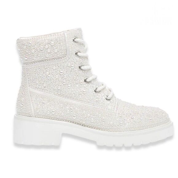 Betsey Johnson Women’s White Pearl Rhinestone Lace Up Hudson Combat Boot - Picture 2 of 9